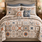 Terracotta Blue Mosaic Tile Patchwork Quilted 3-Piece Bedding Set