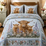 H.PAI Garden Highland Cow Gathering 3-Piece Quilted Bedding Set