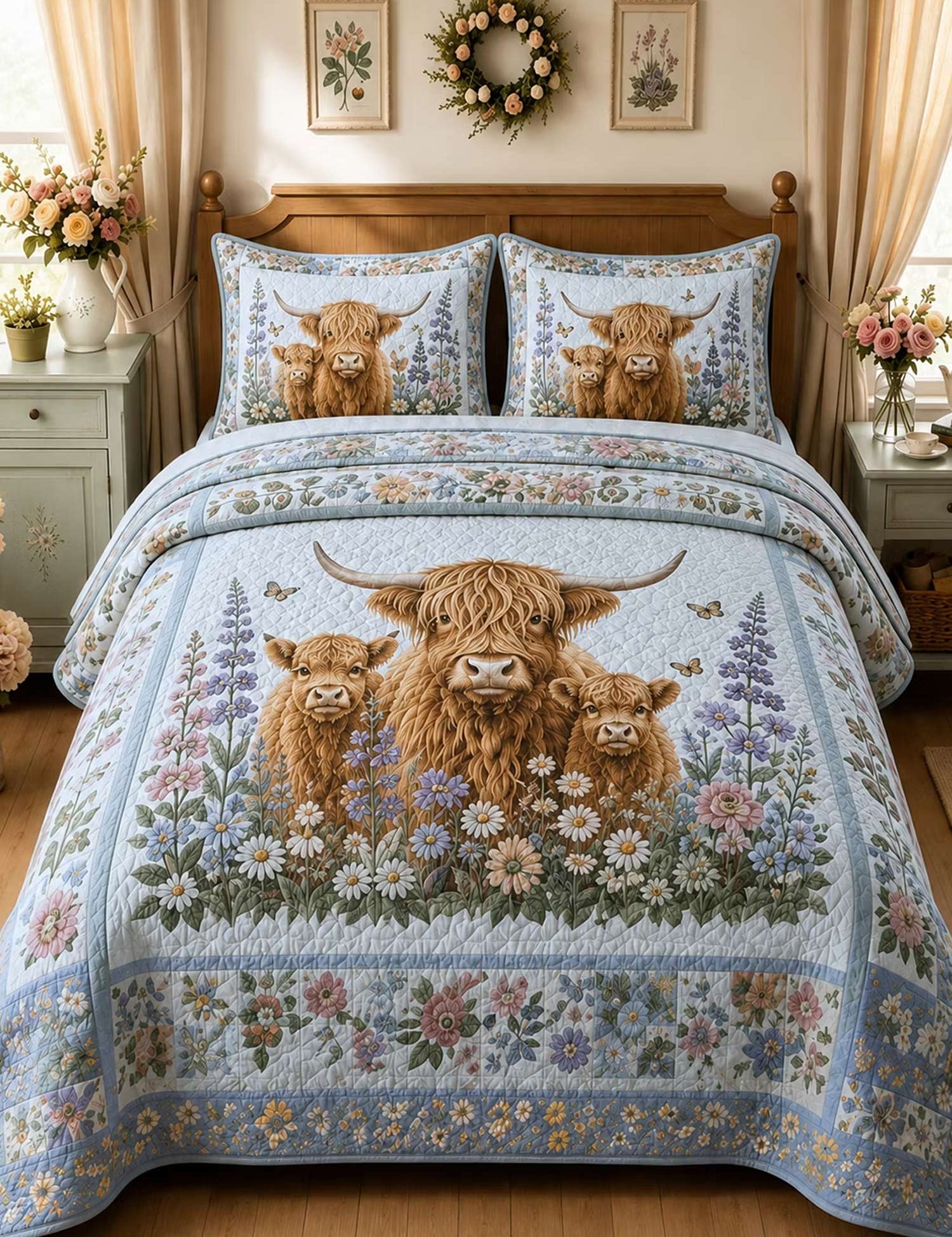 H.PAI Garden Highland Cow Gathering 3-Piece Quilted Bedding Set