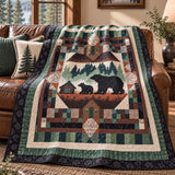 Woodland Bear Family Cabin Patchwork-Style Quilted Blanket