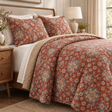 Rust Red Vintage Floral Quilted 3-Piece Bedding Set