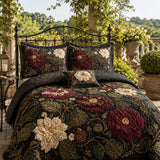 H.PAI Dark Botanical Floral Quilted 3-Piece Bedding Set – Luxury Quilted Bedding with Matching Pillow Shams