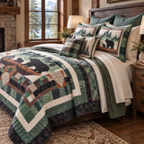 Woodland Bear Family Cabin Patchwork-Style Quilted 3-Piece Bedding Set