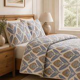 H.PAI Blue Botanical Bloom Quilted 3-Piece Bedding Set