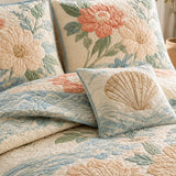 H.PAI Coastal Floral Quilted 3-Piece Bedding Set – Luxury Quilted Bedding with Matching Pillow Shams