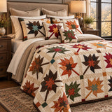 Vintage Leaf Geometric Patchwork Quilted 3-Piece Bedding Set