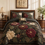 H.PAI Dark Botanical Floral Quilted 3-Piece Bedding Set – Luxury Quilted Bedding with Matching Pillow Shams