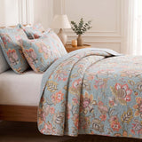 Teal Blue Vintage Garden Harvest Floral Patchwork Quilted 3‑Piece Bedding Set