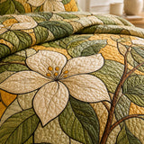 H.PAI Ivory Magnolia Quilted 3-Piece Bedding Set – Vintage Botanical Quilted Bedding With Matching Pillow Shams