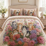 H.PAI Garden Cat Floral Quilted 3-Piece Bedding Set