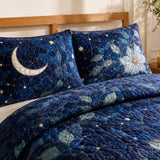 H.PAI Moonlit Floral Quilted 3-Piece Bedding Set – Celestial Botanical Quilted Bedding With Matching Pillow Shams