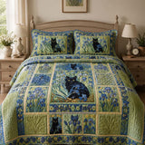 H.PAI Blue Iris Cat Garden Quilted 3-Piece Bedding Set