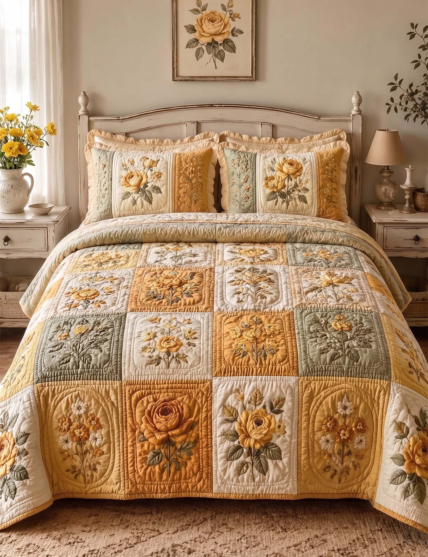 Vintage Rose Floral Quilted 3-Piece Bedding Set