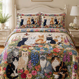H.PAI Wildflower Cat Garden Quilted 3-Piece Bedding Set