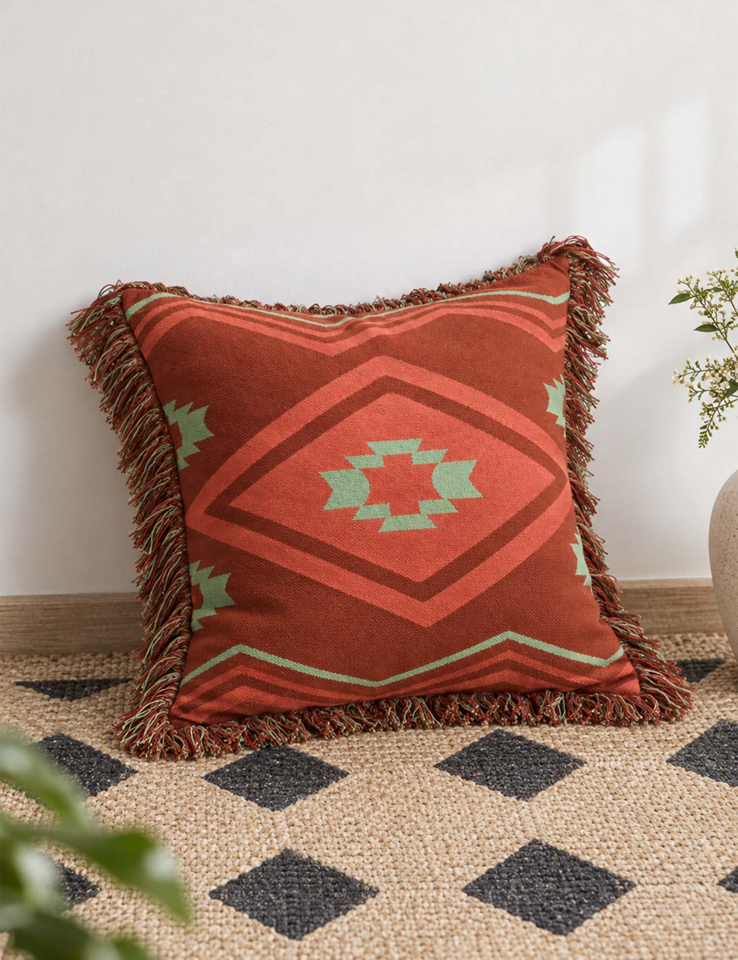Southwestern Fringe Geometric Knitted Pillow Cover