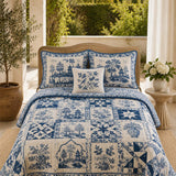 Blue Willow Floral Quilted 3-Piece Bedding Set – Luxury Quilted Bedding with Matching Pillow Shams