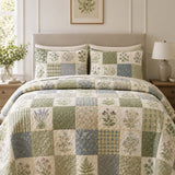 H.PAI Herbal Garden Patchwork Quilted 3-Piece Bedding Set – Vintage Cottage Quilted Bedding With Matching Pillow Shams