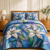 H.PAI White Lily Quilted 3-Piece Bedding Set – Stained Glass Botanical Quilted Bedding With Matching Pillow Shams