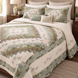 Sage Floral Patchwork Embroidered 100% Cotton Quilted 3-Piece Bedding Set