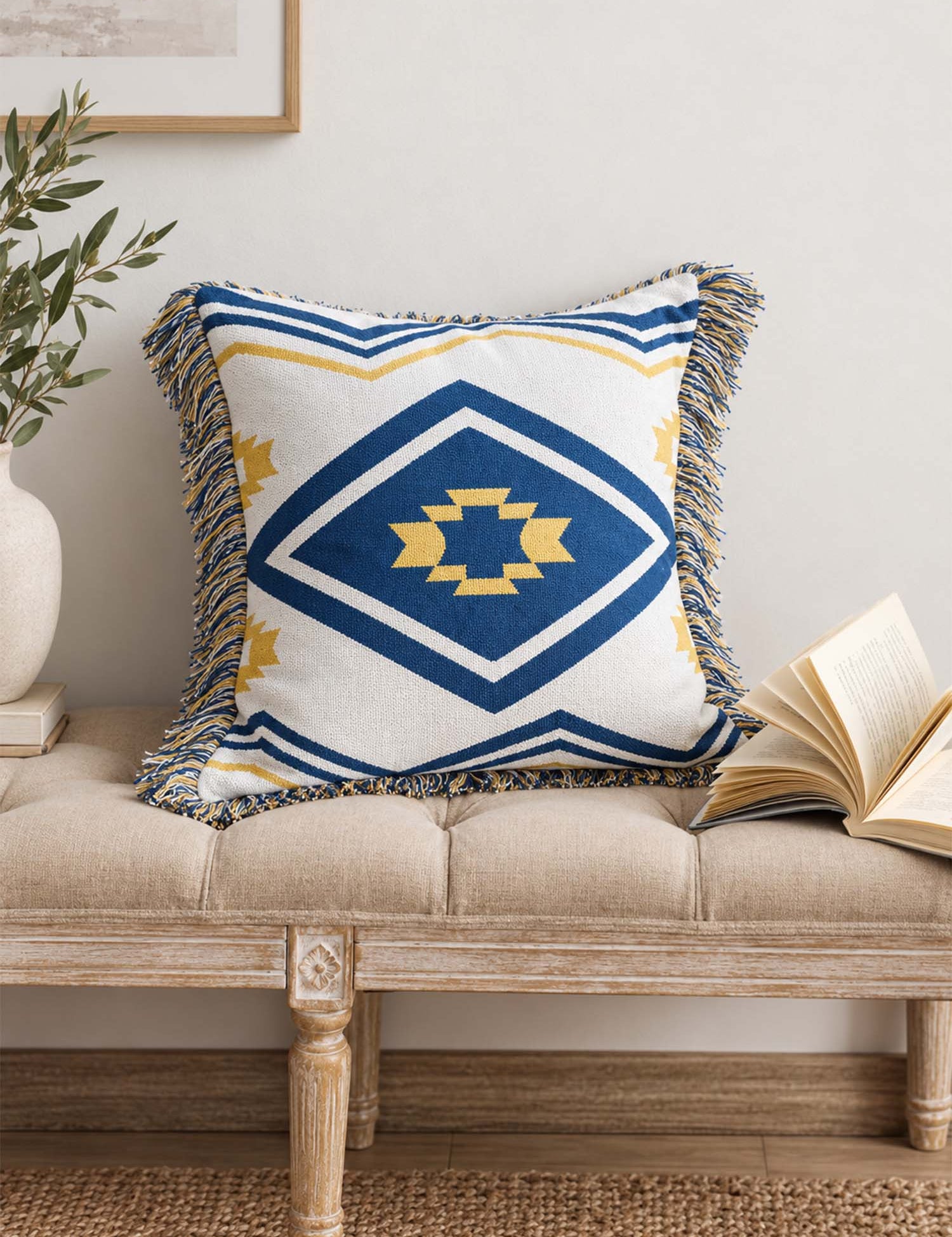 Southwestern Fringe Geometric Knitted Pillow Cover