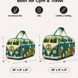 H.PAI Women's Quilted Duffle Bag - Retro 70s Hippie Van, Forest & Wildflower Travel Overnight Bag