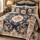 Vintage Navy Blue Floral Baroque Quilted 3-Piece Bedding Set