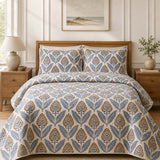 H.PAI Blue Botanical Bloom Quilted 3-Piece Bedding Set