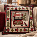 Vintage Christmas Red Truck & Black Cat Plaid Quilted Pillow Cover