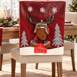 Rustic Red Christmas Reindeer Chair Back Cover, Xmas Dining Chair Slipcover with 3D Elk Doll