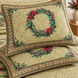Poinsettia Christmas Wreath Quilted 3-Piece Bedding Set
