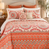 Rust Orange Paisley Medallion Quilted 3-Piece Bedding Set