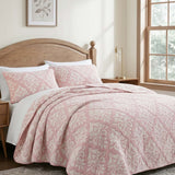 Pink Damask Floral Quilted 3-Piece Bedding Set