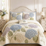H.PAI Hydrangea Floral Quilted 3-Piece Bedding Set – Luxury Quilted Bedding with Matching Pillow Shams
