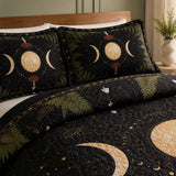 H.PAI Moonlit Mushroom Forest Quilted 3-Piece Bedding Set – Dark Botanical Quilted Bedding With Matching Pillow Shams