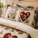 H.PAI Vintage Heart Floral Quilted 3-Piece Bedding Set – Luxury Quilted Bedding with Matching Pillow Shams