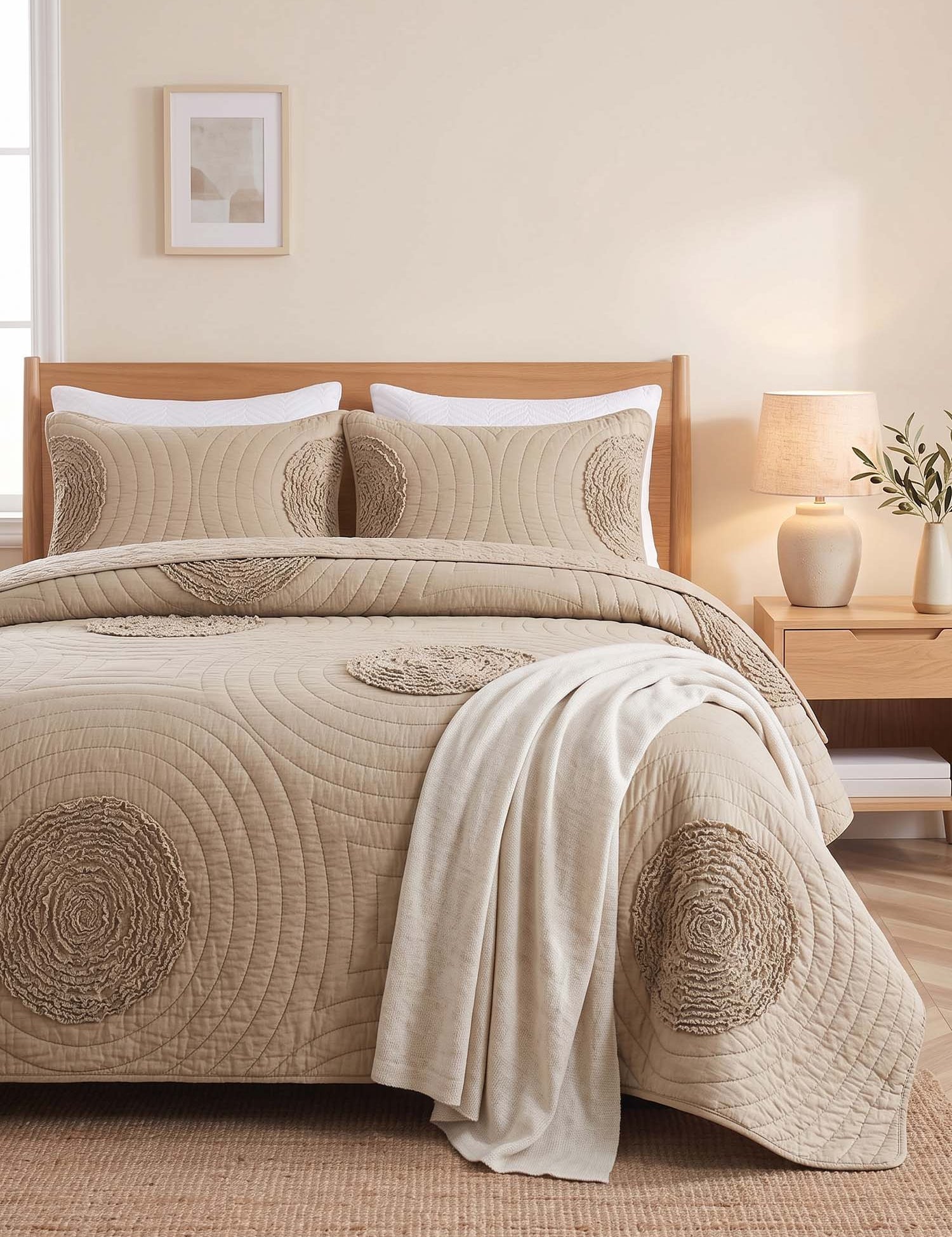 Neutral Textured Circles Quilted 3-Piece Bedding Set
