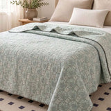 Vintage Sage Gray Damask Floral Jacquard Quilted Throw Three‑Layer Gauze Cotton Blanket