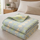 Vintage Green Yellow Geometric Patchwork Jacquard Quilted Throw Three‑Layer Gauze Cotton Blanket