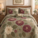 H.PAI Dark Botanical Floral Quilted 3-Piece Bedding Set