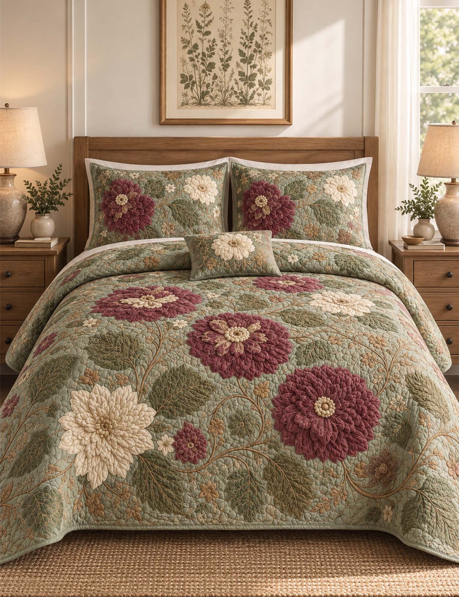 H.PAI Dark Botanical Floral Quilted 3-Piece Bedding Set