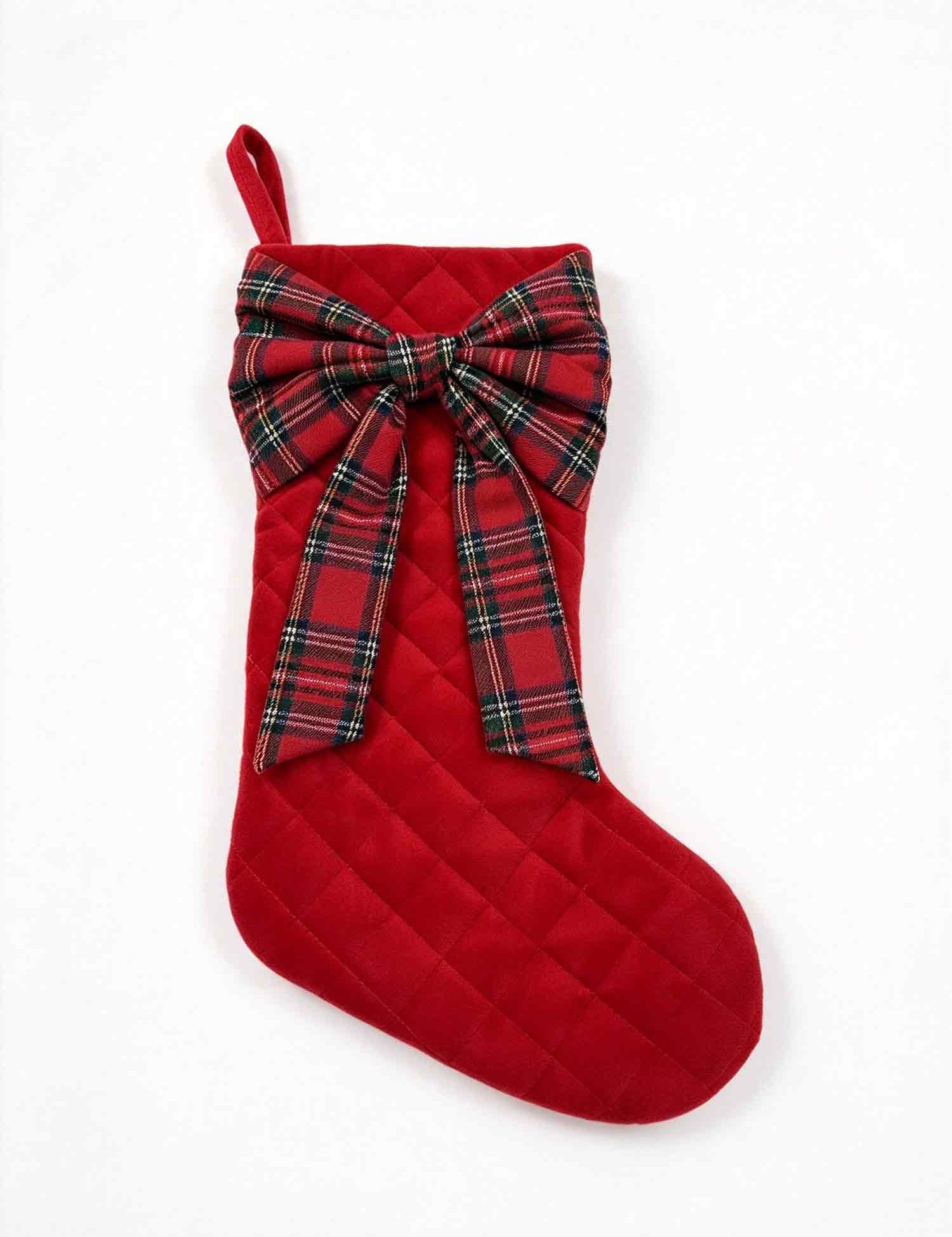 Red Quilted Velvet Christmas Stocking with Plaid Bow