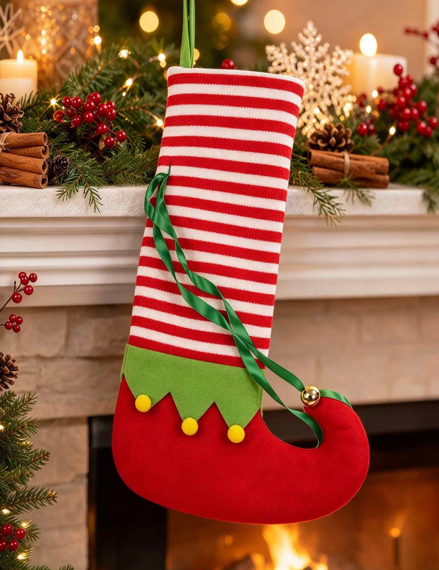 Elf Christmas Stocking, Striped Xmas Hanging Stocking