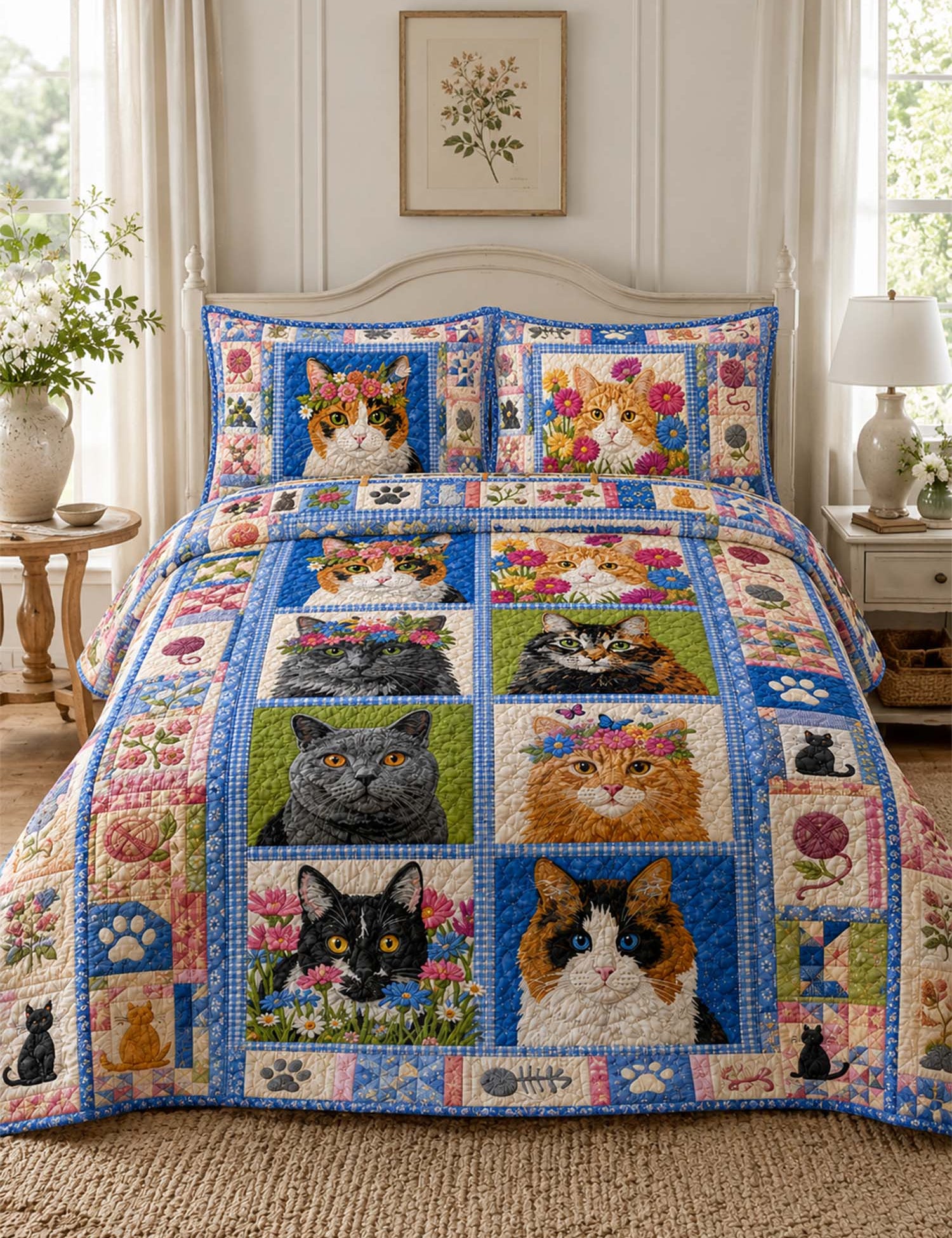 H.PAI Floral Cat Portrait Quilted 3-Piece Bedding Set