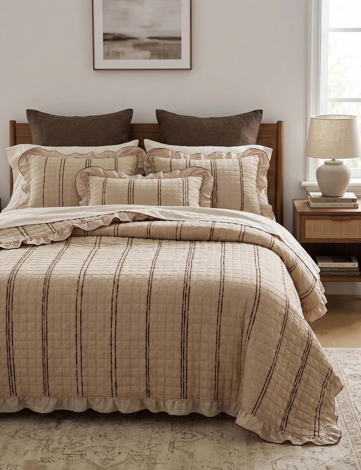 Stripe Ruffle Jacquard 100% Cotton Reversible Quilted 3-Piece Bedding Set