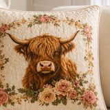 H.PAI Highland Cow Rose Garden Quilted Pillow Case