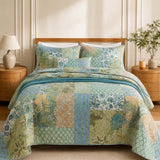 Sage Botanical Patchwork Quilted 3-Piece Cotton Bedding Set