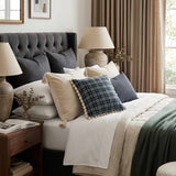 Navy Green Plaid Pom Pom Throw Pillow Cover