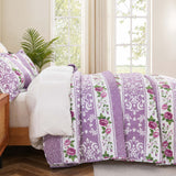 Vintage Purple Rose Stripe Quilted 3-Piece Bedding Set