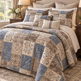 Vintage Blue Botanical Patchwork Quilted 3-Piece Bedding Set
