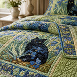 H.PAI Blue Iris Cat Garden Quilted 3-Piece Bedding Set